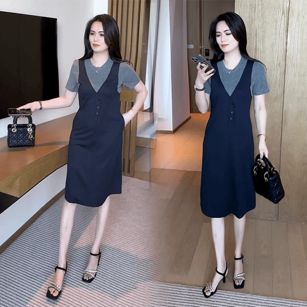 韩版休闲假两件短袖连衣裙女2025夏季新款小个子穿搭时尚中长裙子