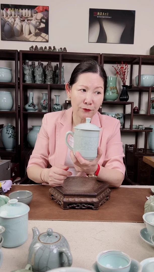 杯青瓷 粉青 牡丹杯