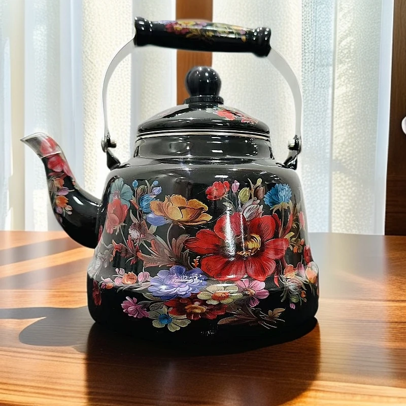 新疆包邮【2.5L黑色古钟壶】大容量珐琅家用养生水壶带过滤网中式