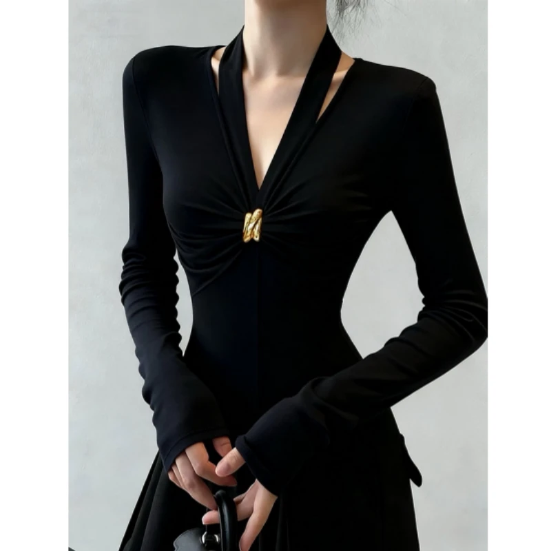 秋冬复古辣妹黑色褶皱v领修身打底衫女内搭高级感显瘦长袖t恤上衣