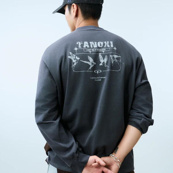 TANOXI T385「燕归巢」水洗蜡染喷砂做旧长袖T恤复古破碎印花上衣