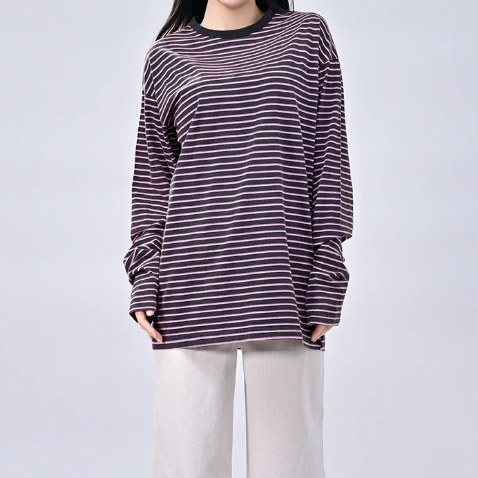 LUNAR NOSTALGIA25春款时尚条纹复古宽松长袖T恤女士