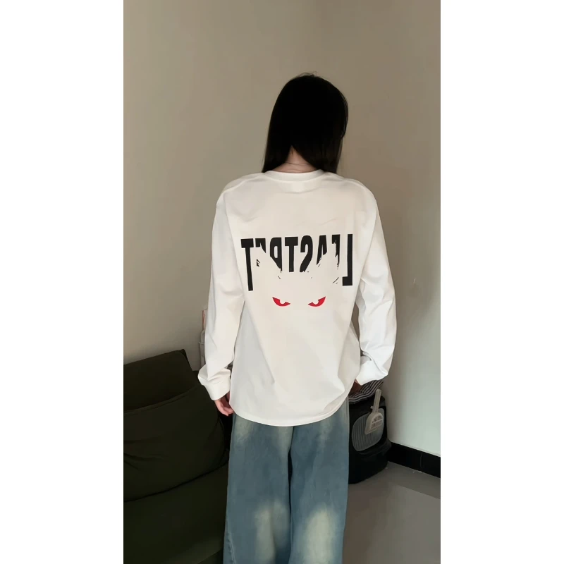 美式复古恶魔猫咪潮牌长袖T恤男秋季cleanfit重磅纯棉打底衫上衣