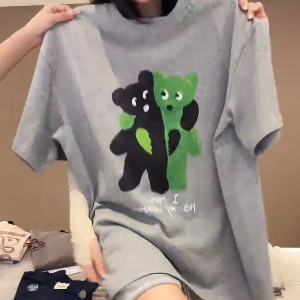 【趣味可爱】拥抱小熊图案印花圆领T恤女夏季新款慵懒风短袖上衣
