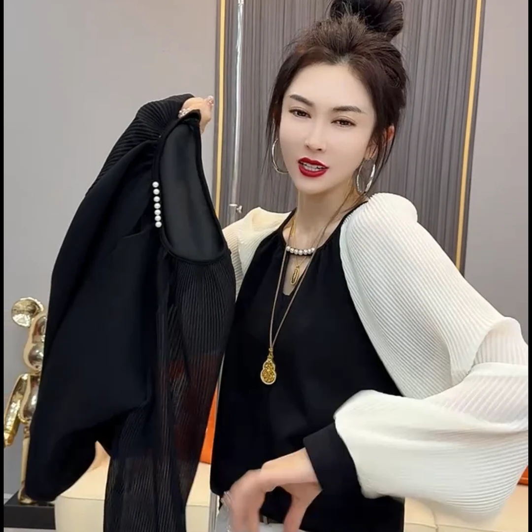 法式灯笼袖T恤女压褶雪纺拼接串珠长袖圆领黑色上衣打底衫