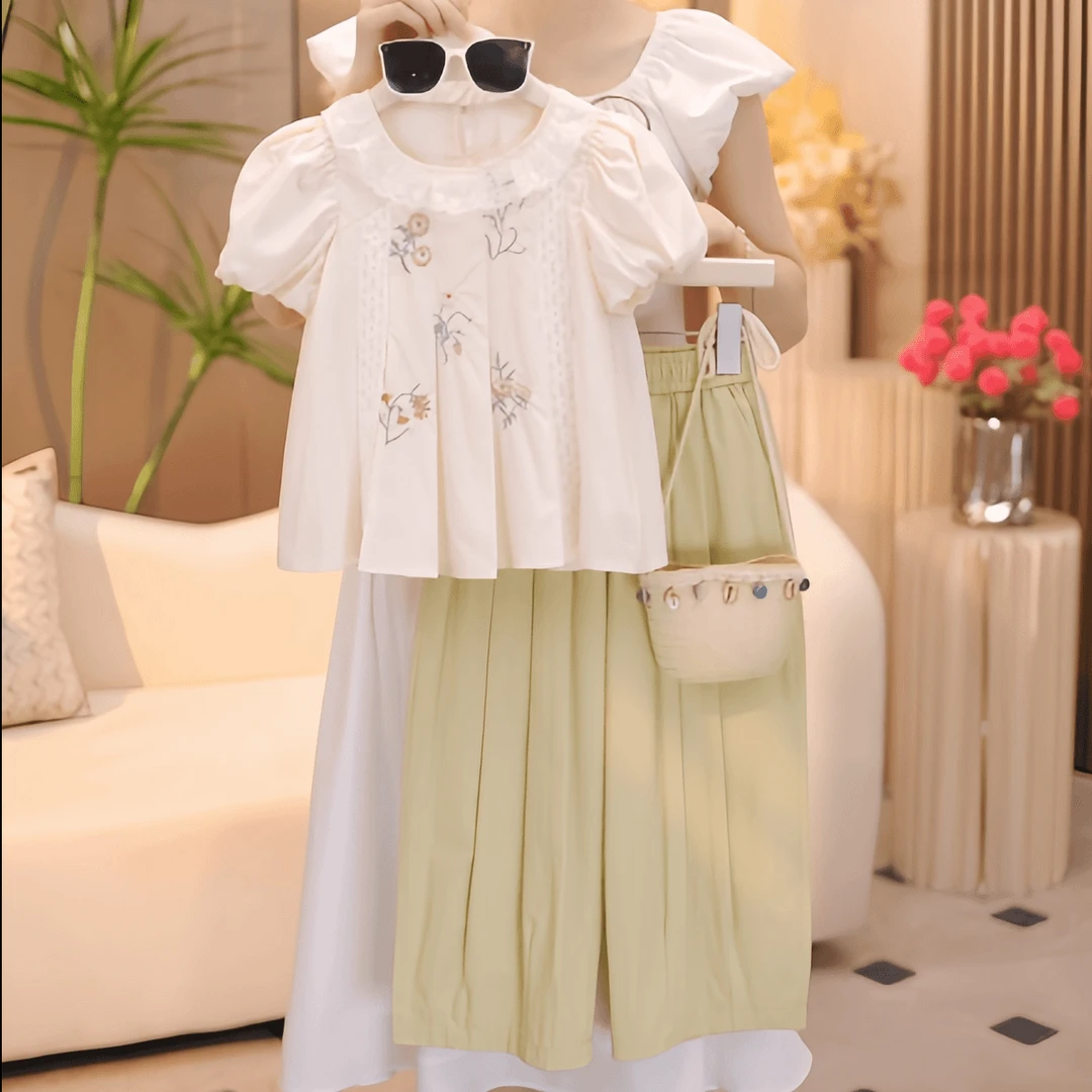 女童2025新款夏装设计款刺绣花边泡泡袖娃娃衫休闲九分裤两件套