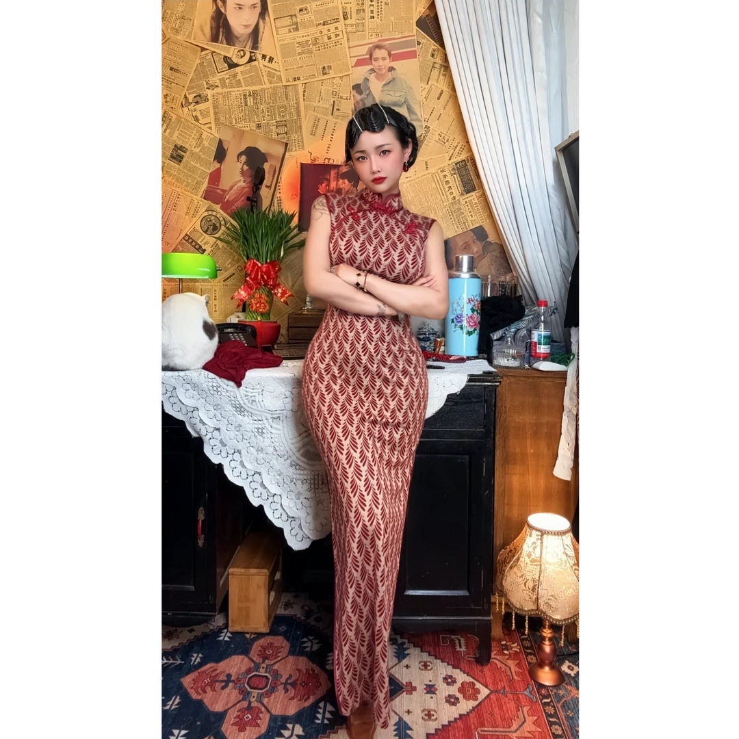 四月芳菲【红叶】原创自制螺纹棉无袖修身显瘦复古旗袍