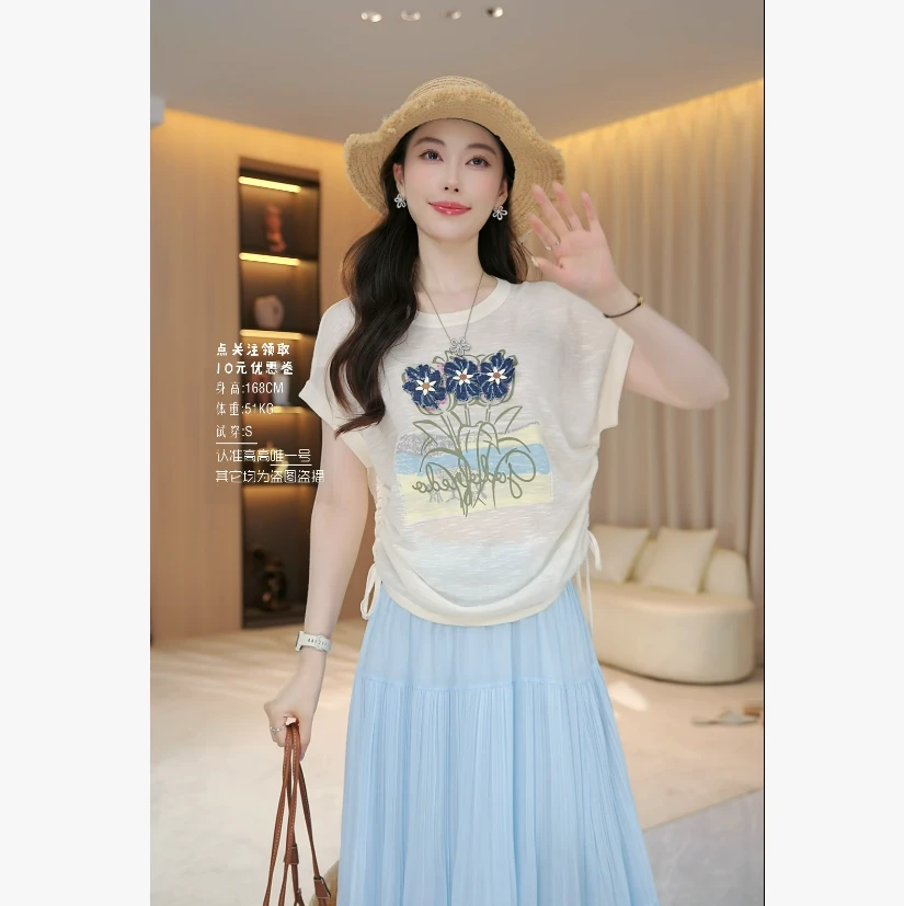 【​三花物语】夏季百搭时尚图案宽松短袖减龄圆领毛织T恤上衣35960