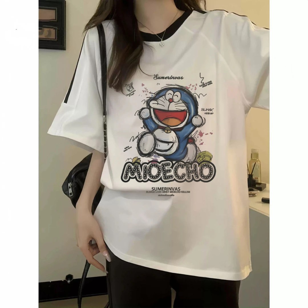 白色纯棉国潮牌美式宽松三条杠休闲短袖T恤女学生上衣卡通女装