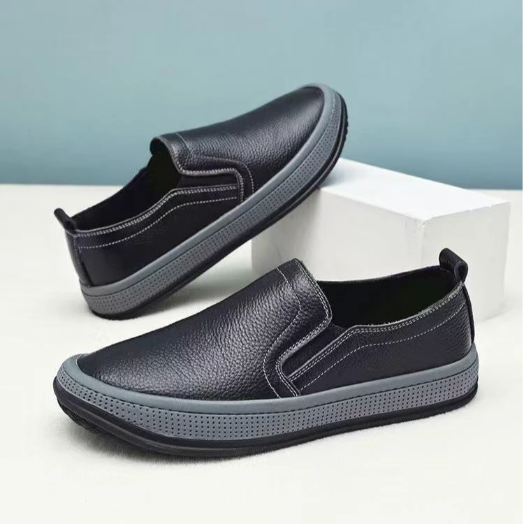 爆款男鞋2025春季新款皮鞋防水休闲一脚蹬板鞋防滑耐磨厚底爸爸鞋