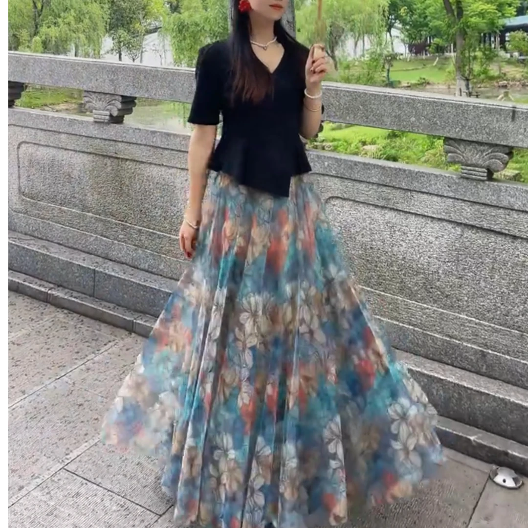 [工厂直销套装]夏季新款简约V领针织短袖超仙碎花半身裙T29+Q240