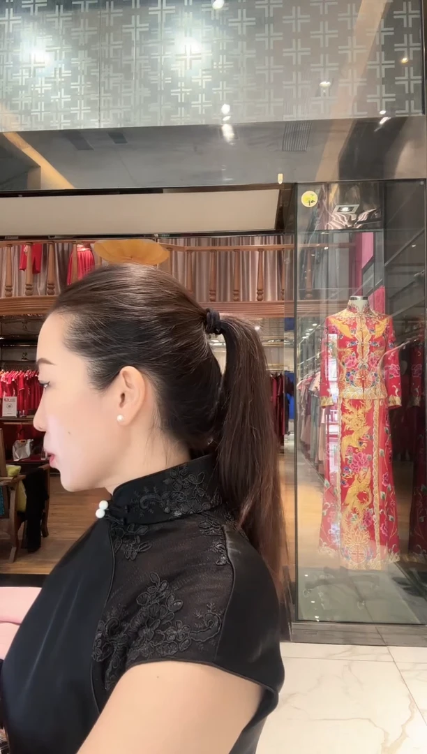 织绣黑色醋酸长款旗袍m