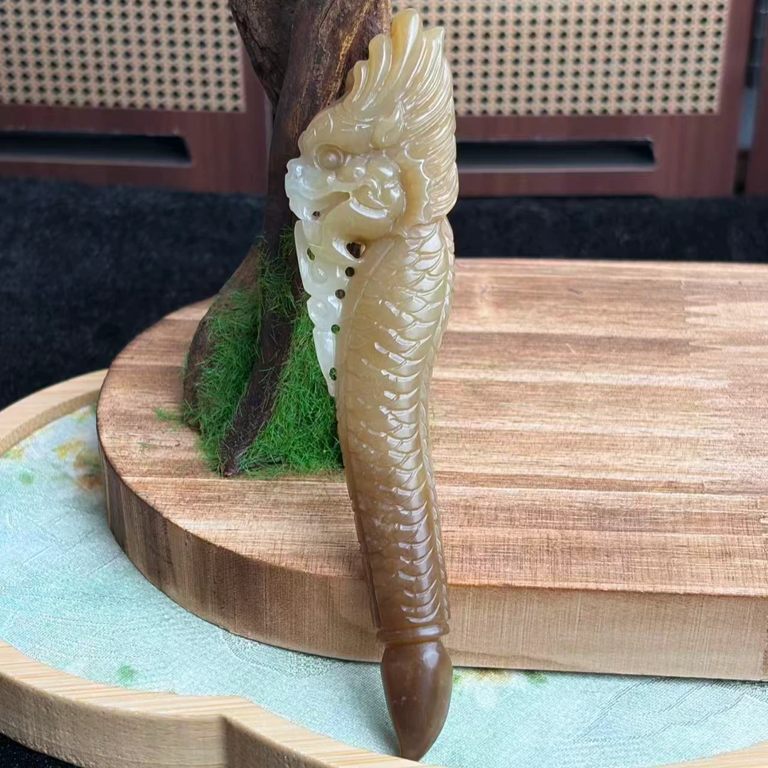 和田玉糖白龙首笔形杂件A002