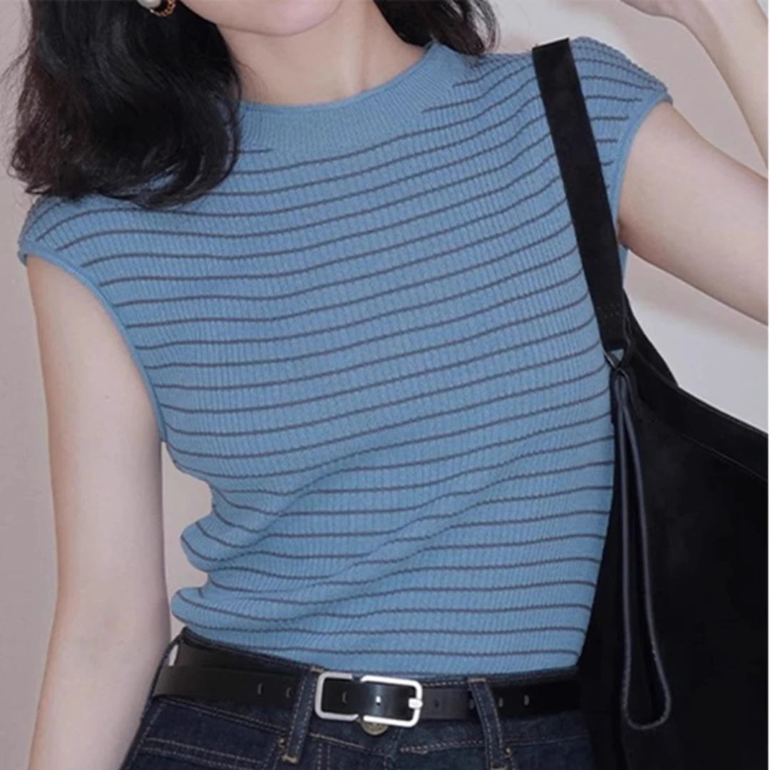 冰丝撞色条纹短袖针织衫女夏季法式复古圆领外穿薄款修身气质上衣