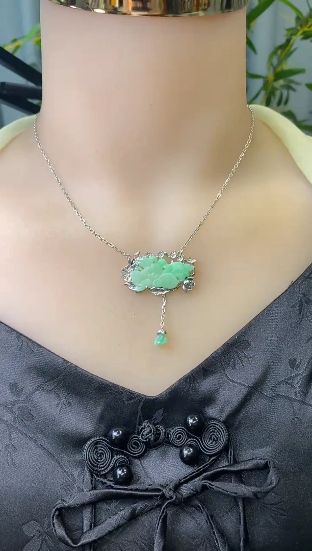 颈饰银S925镶嵌翡翠净货15445