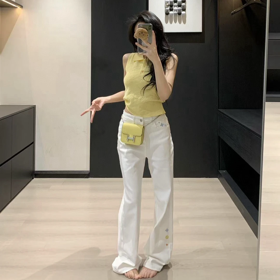 傲傲专属  复古白色重工刺绣直筒微阔牛仔裤女夏季新款小众设计感