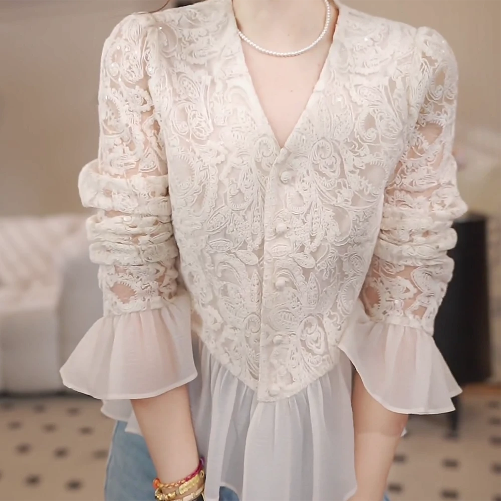 【灿星锦衣】2025新款重工亮片蕾丝设计感修身显瘦上衣衬衫女