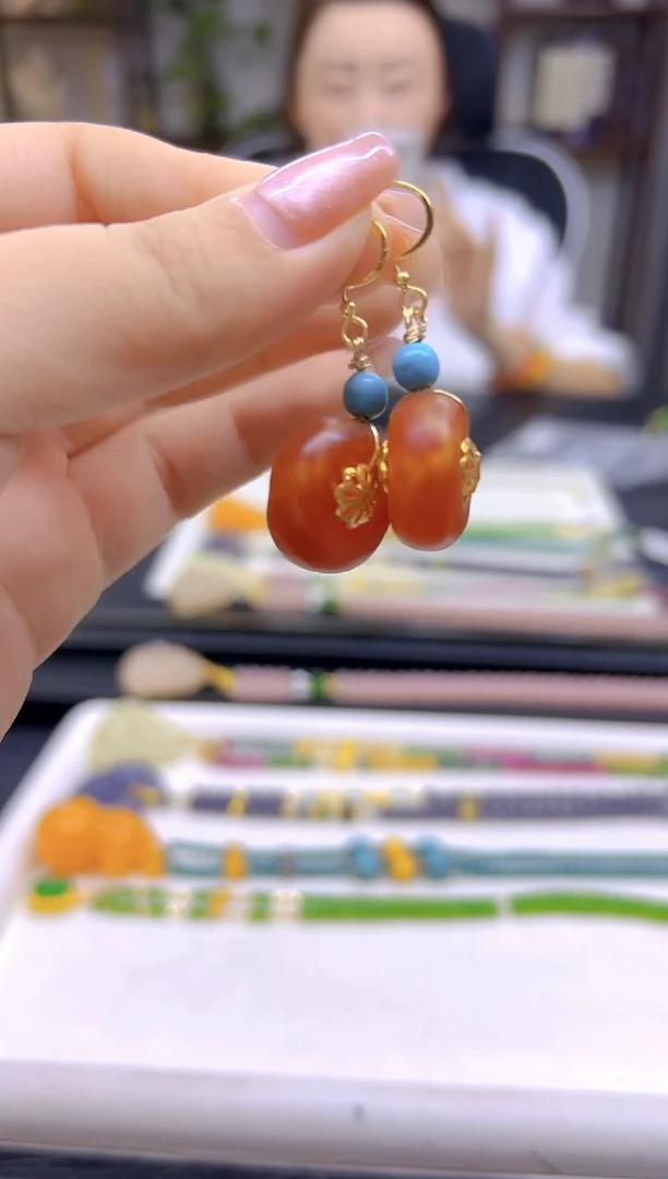 14K金镶嵌蜜蜡耳饰DIY款E65