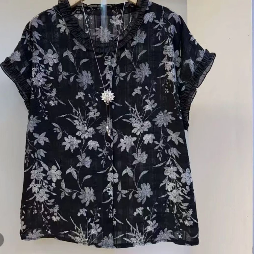 8092-C-小花木耳边轻薄大码半袖衫