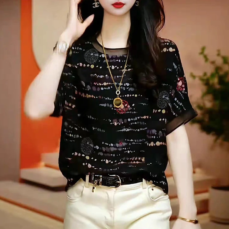 女士印花网纱短袖t恤2025夏季新款时尚宽松遮肚显瘦别致小衫上衣