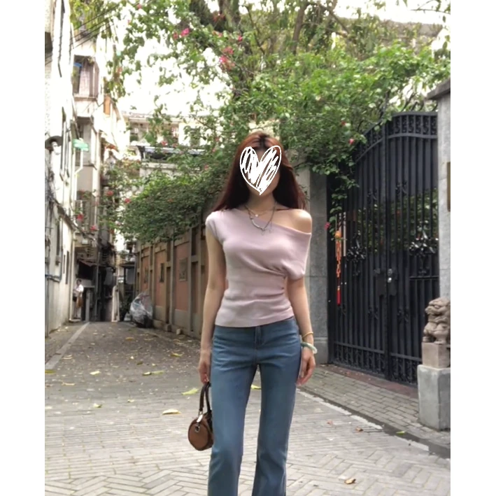 法式气质温柔风斜领露肩T恤2025夏季新款纯欲风修身显瘦百搭上衣