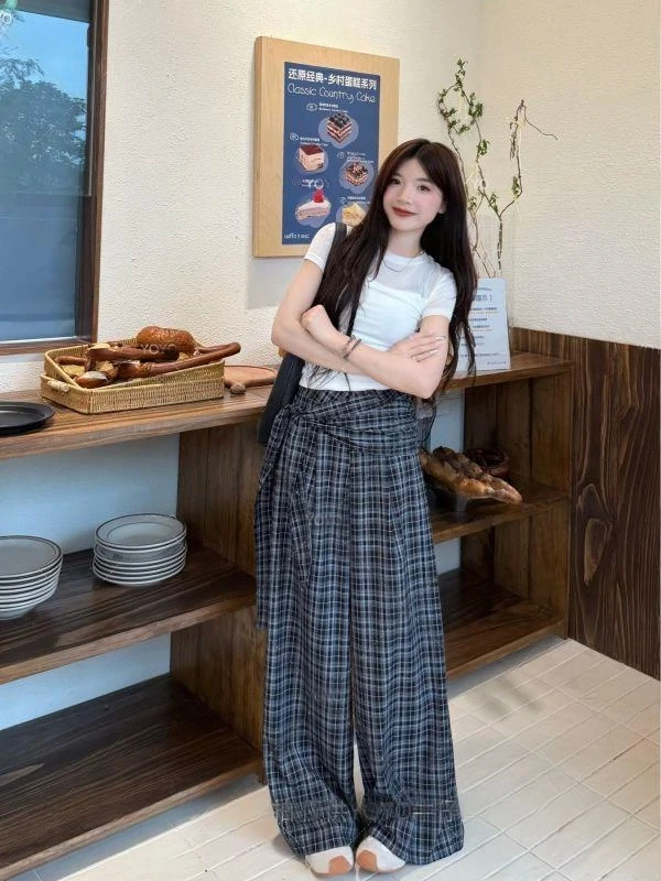 遮胯显瘦女裤气质时尚复古垂感格纹飘带阔腿裤简约通勤风时髦新款