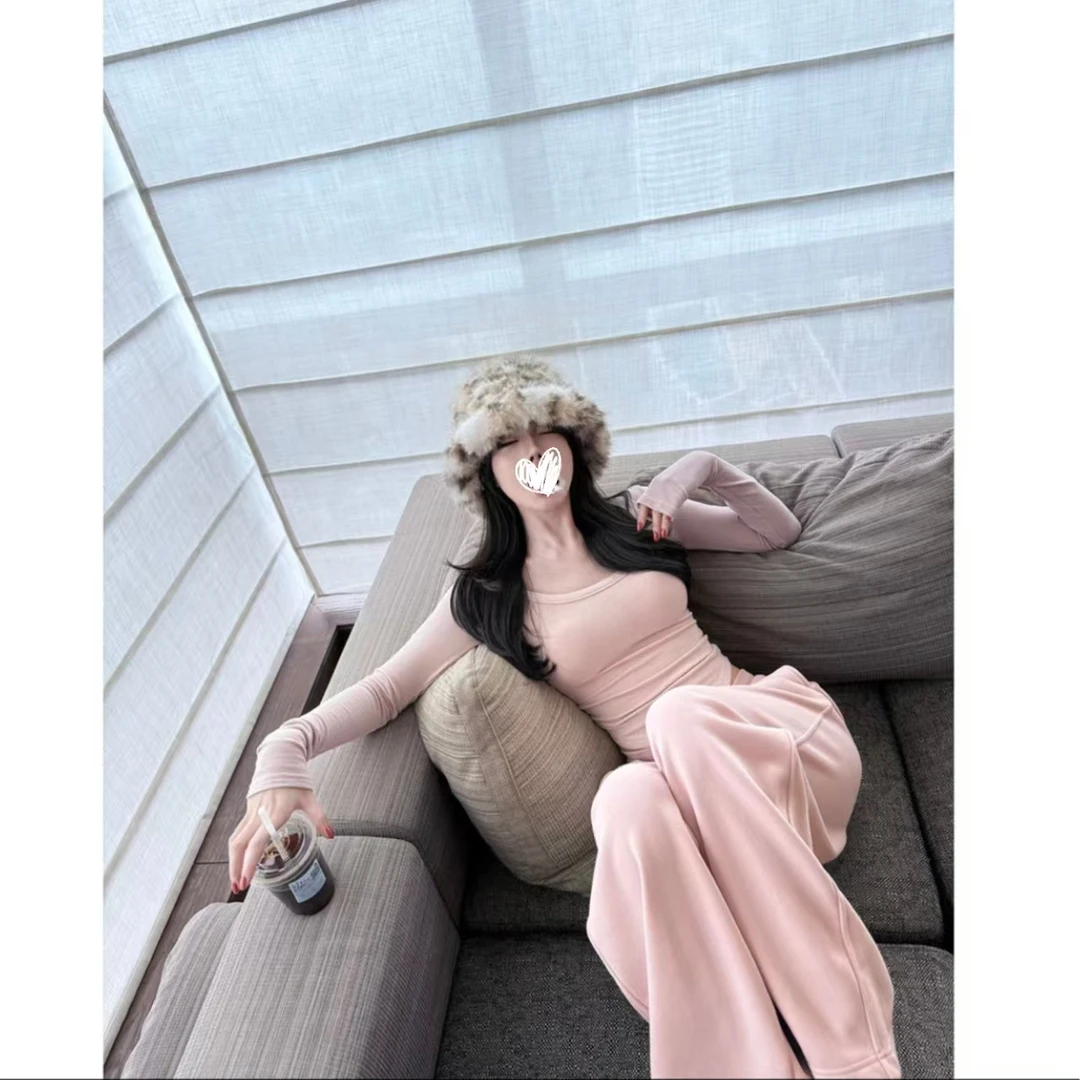 粉色红色长袖T恤+直筒裤两件套D1187