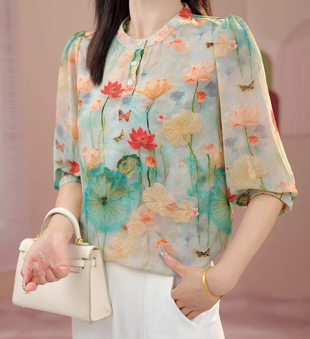 Y1174[高品质]气质优雅时尚碎花衬衫