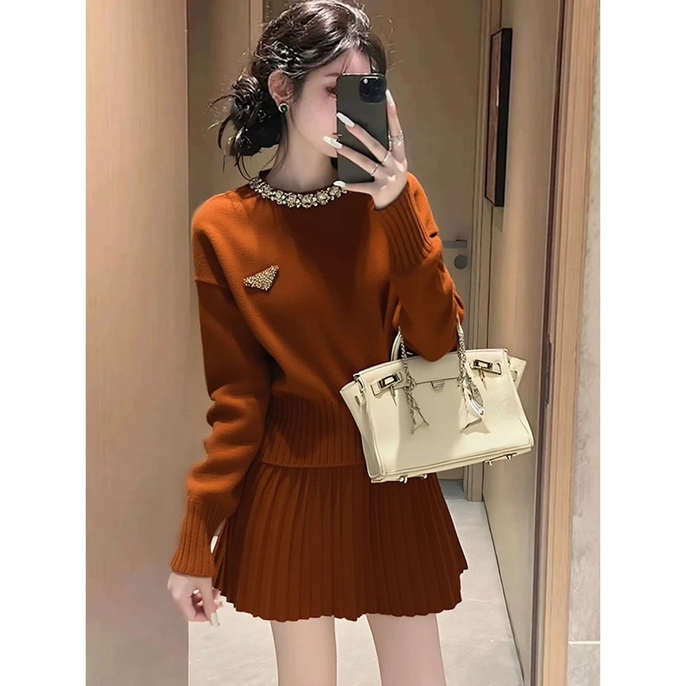 美拉德焦糖色针织套装女2025年新款秋冬复古穿搭上衣半身裙两件套