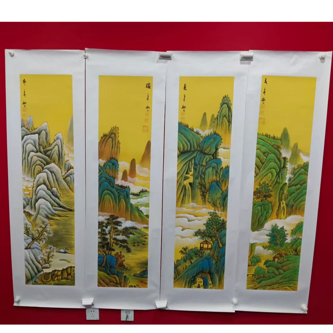 李新社手绘宣纸蜡染春夏秋冬楼阁四条屏-山水画