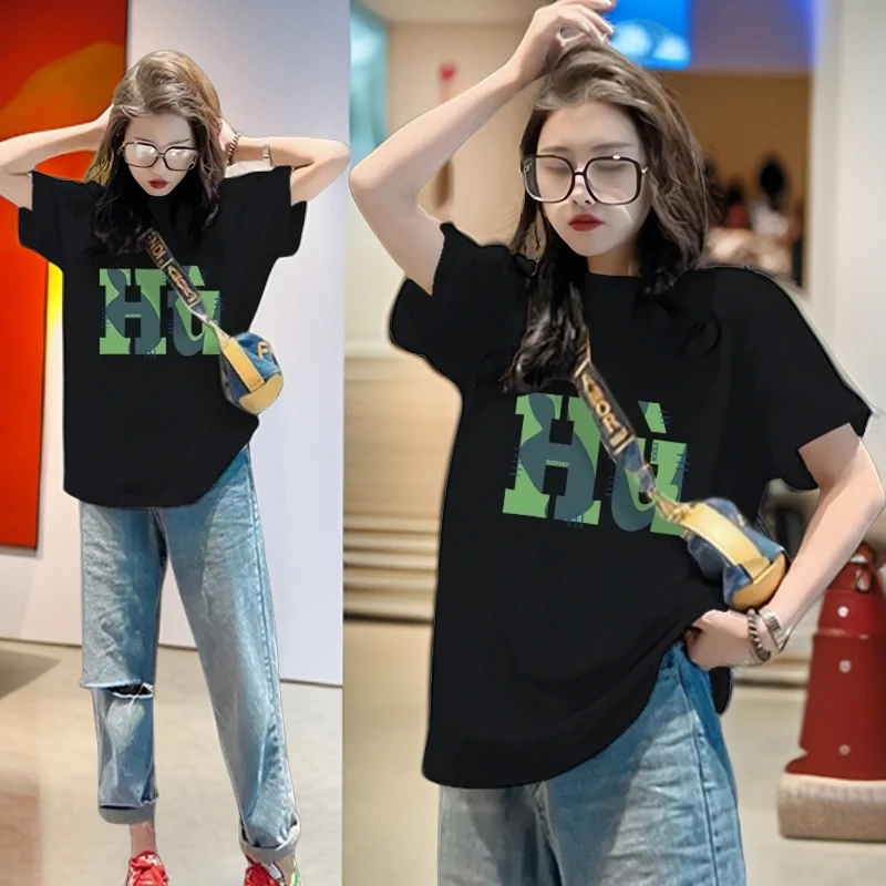 韩版黑色纯棉短袖t恤女夏季新款爆款宽松洋气百搭字母印花上衣ins