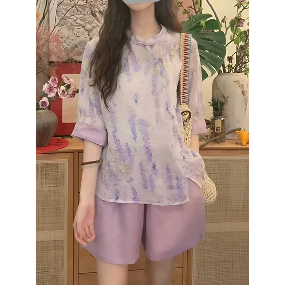 新中式国风碎花盘扣衬衫短裤时尚套装女士2025夏季新款气质两件套