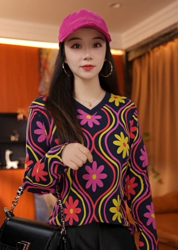 大瑾瑾-新款复古风彩色花朵长袖T恤【0127】