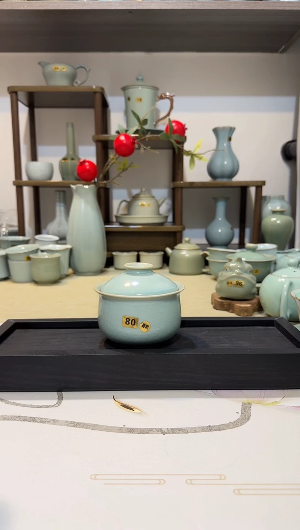 盖碗80钱袋子/福袋两才盖碗 仿古釉微瑕*