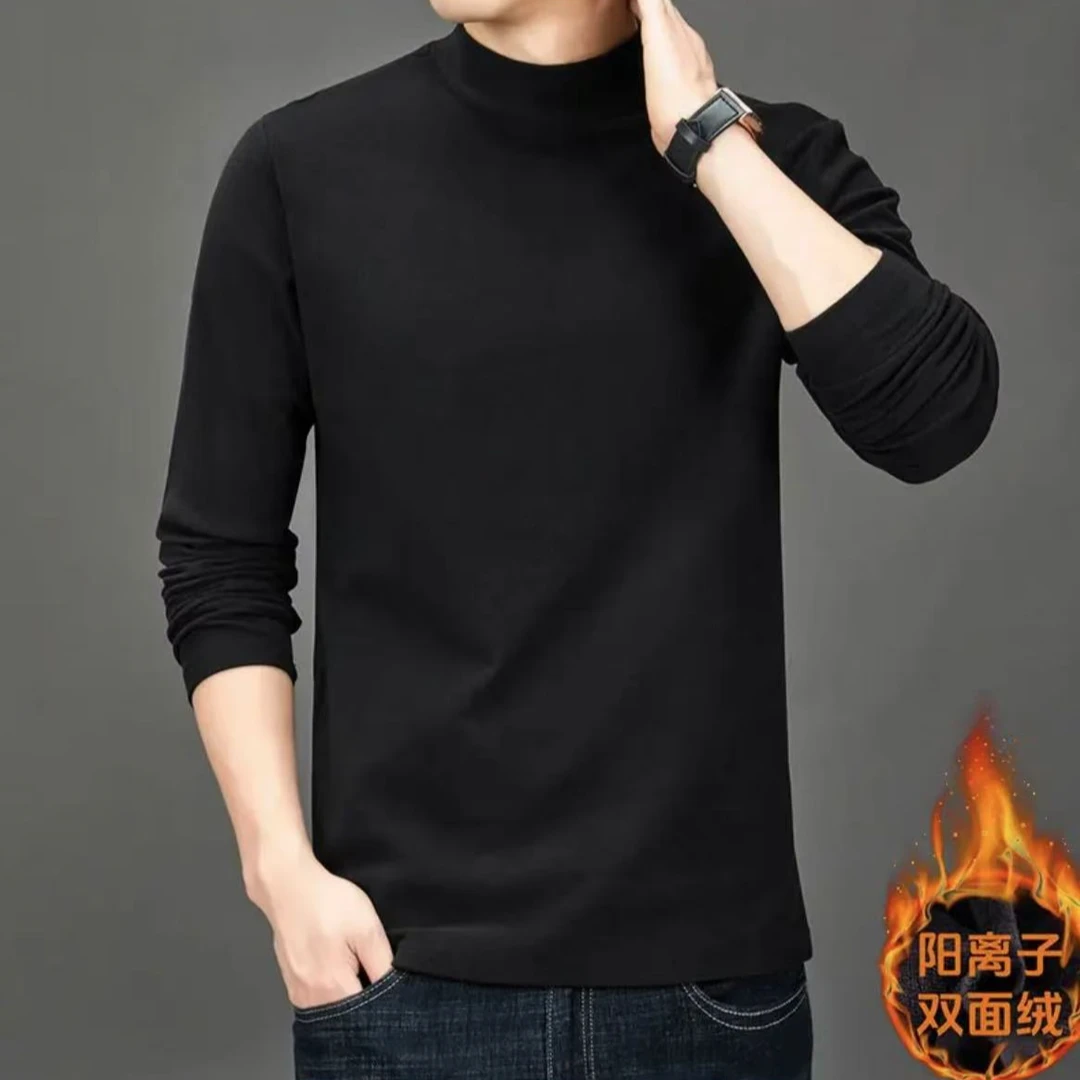 2024新款双面德绒半高领打底衫男士t恤纯色保暖内搭衣服潮牌秋装