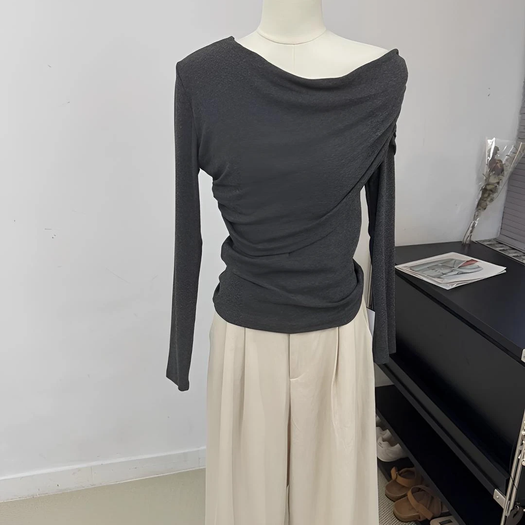 小众时尚长袖抗皱不规则斜肩韩版法式防晒打底T恤上衣显瘦纯欲风