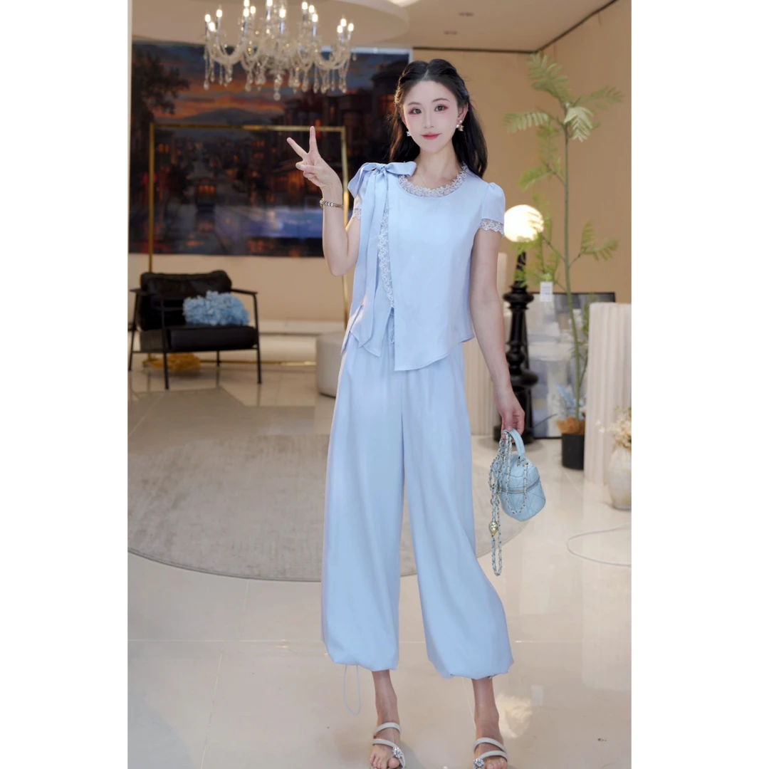 休闲蕾丝花边系带长裤抽绳套装814604