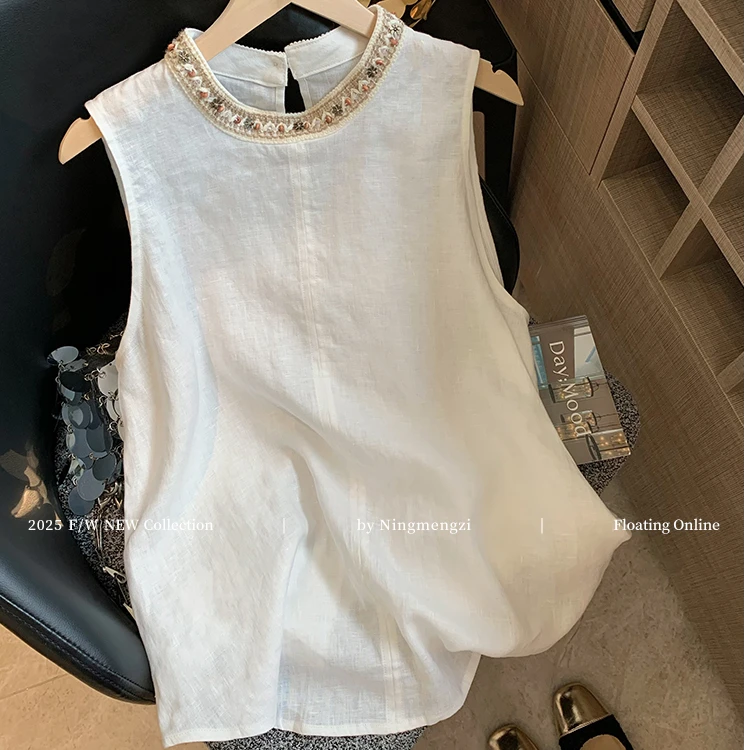 2025年夏季新款民族风气质编织钉珠无袖背心女小众设计感宽松上衣