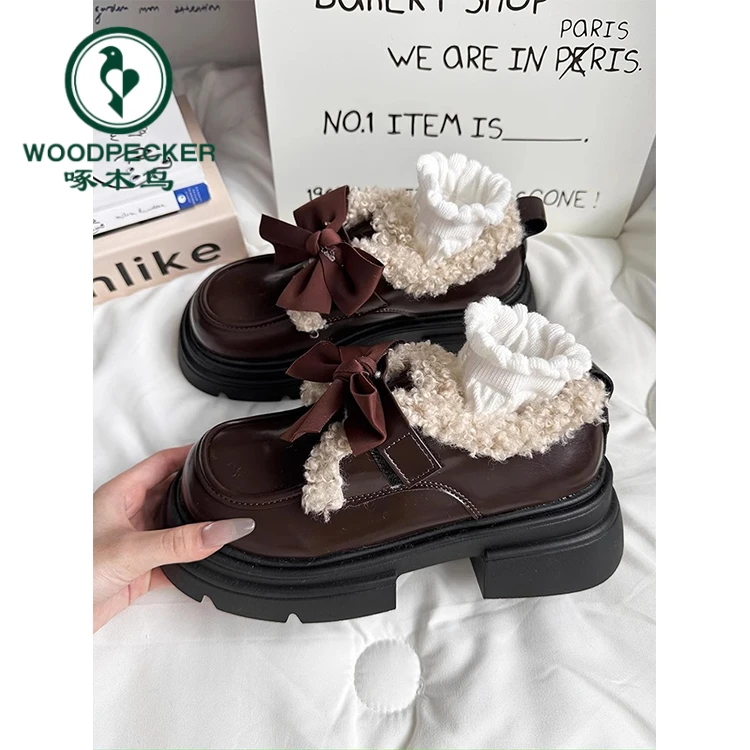 啄木鸟日系复古学院风加绒小皮鞋女2024秋冬季厚底配裙蝴蝶结棉鞋