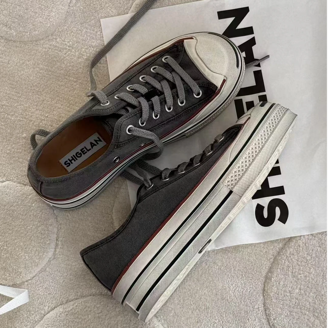 诗歌兰真皮女鞋2025春新款时尚百搭系带做旧休闲运动鞋帆布鞋板鞋