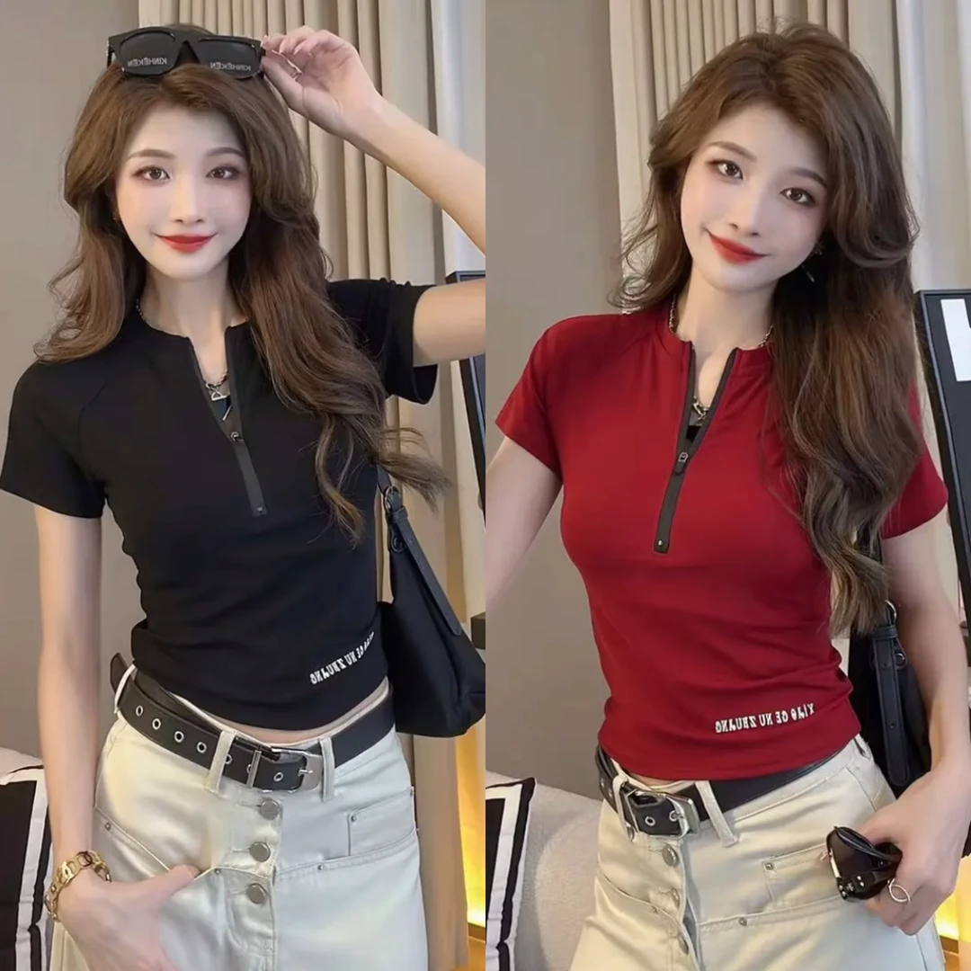 甜美可爱风格衣服欧货时尚半拉链字母短袖恤女高级感洋气百搭显瘦