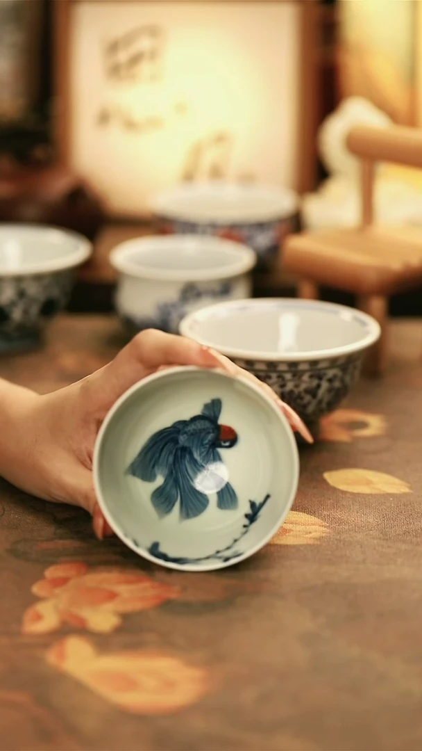 M3512青花釉里红金鱼鸡心杯