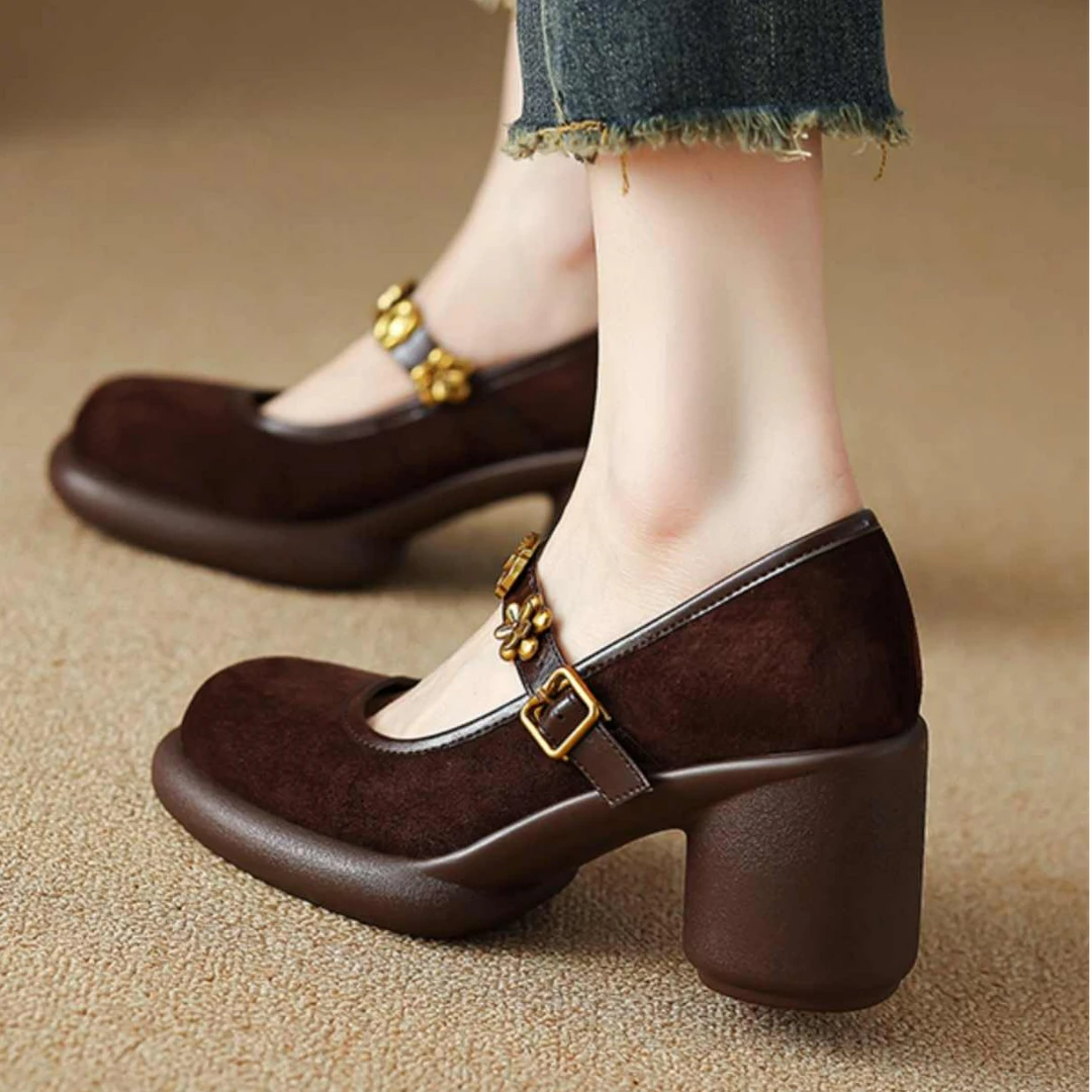 复古风牛皮磨砂防水台高跟玛丽珍鞋女真皮圆头浅口一字扣厚底单鞋