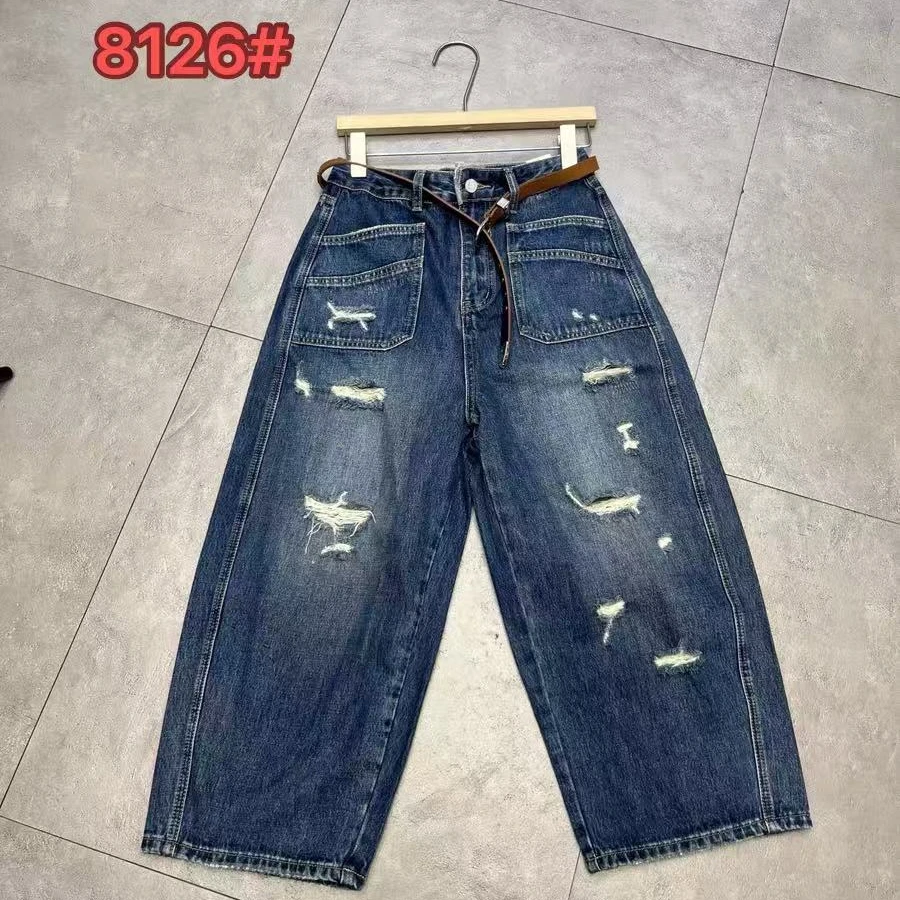 D8126破洞弯刀工装牛仔裤宽松显瘦老爹裤