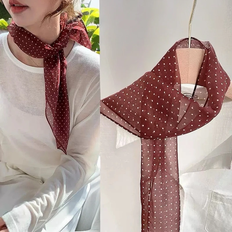 春夏丝巾女波点丝巾100%桑蚕丝气质洋气真丝丝巾斜角长条领巾薄款