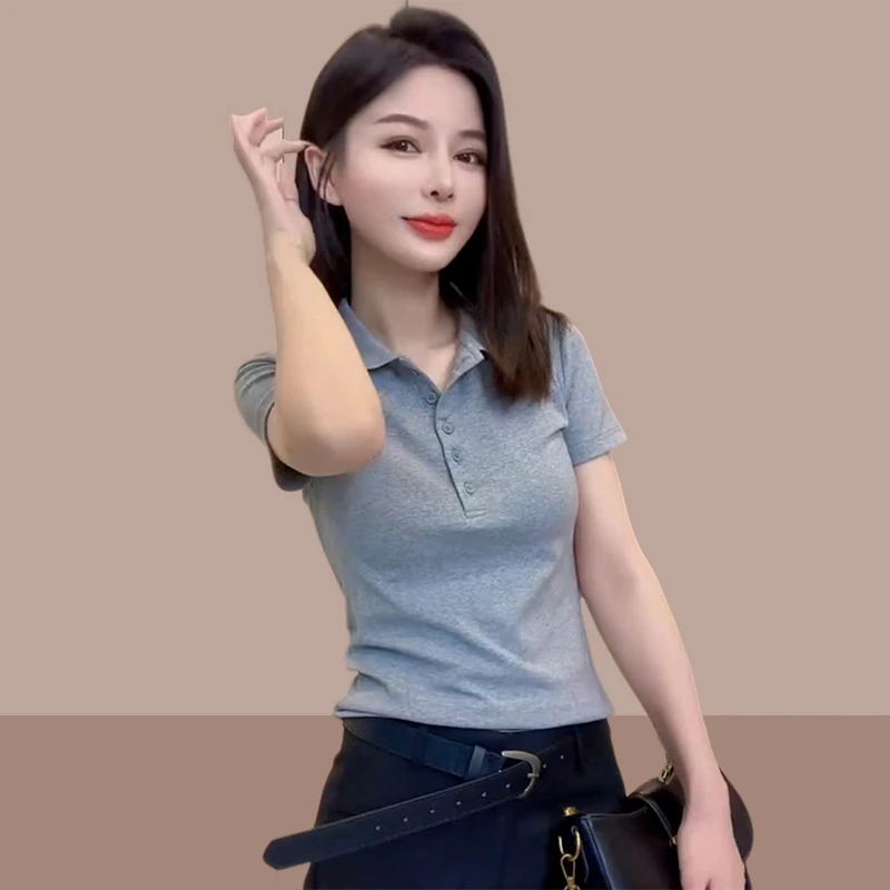 小个子短袖t恤女装2025夏季新款修身显瘦纯棉体恤POLO衫百搭上衣