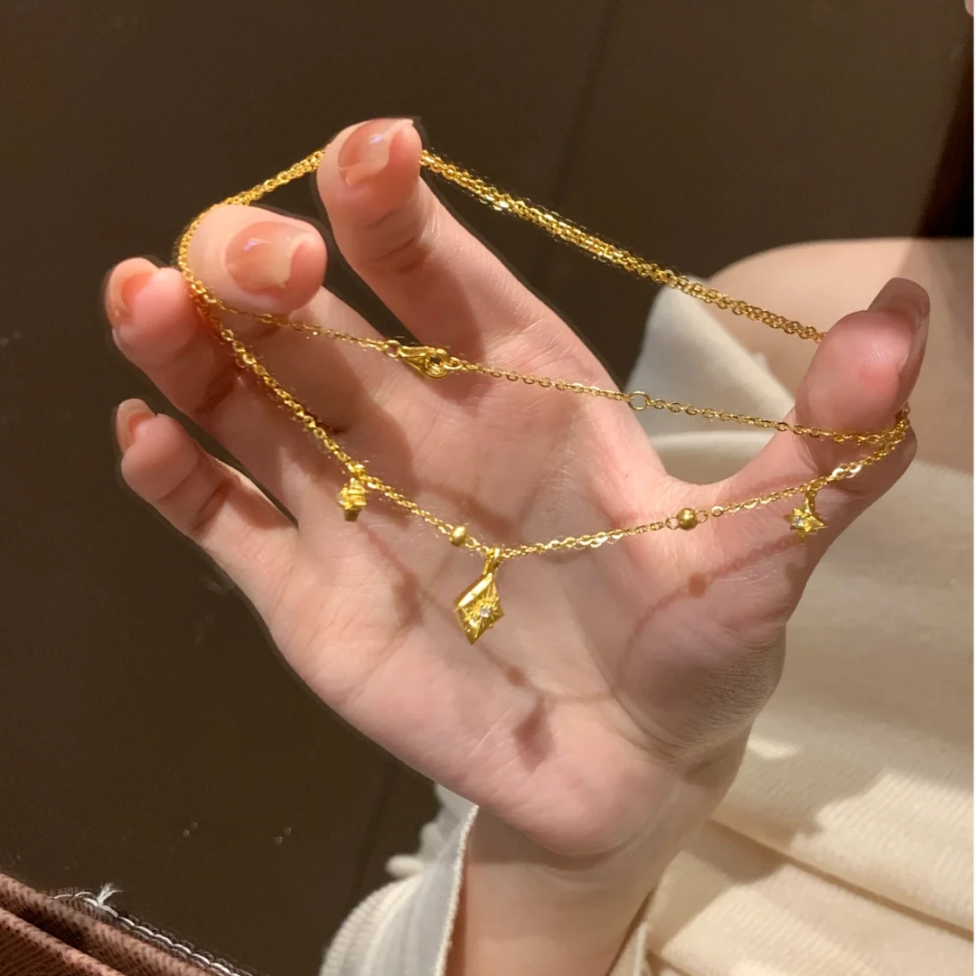 铜合金项链 中古金色菱形芒星项链复古轻奢气质高级感精致锁骨链