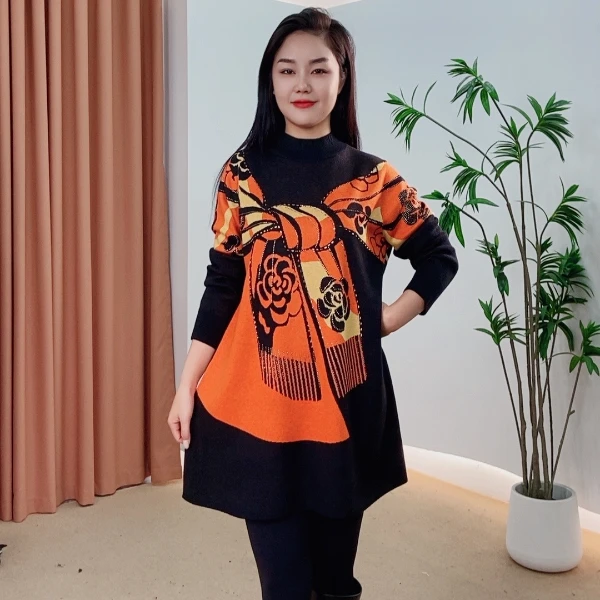 369时尚网红百搭显瘦秋冬针织连衣裙气质提花不褪色高弹力新中式