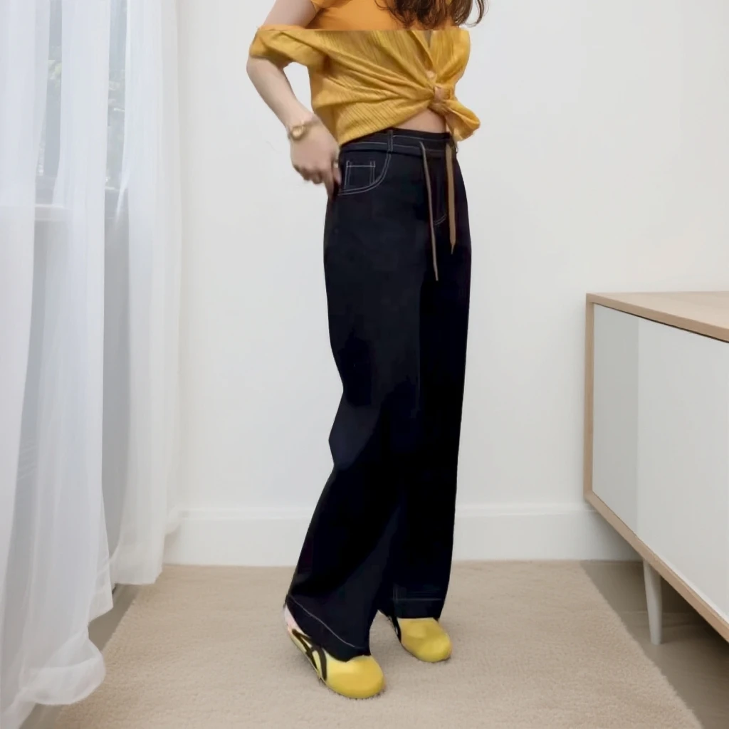 2025早秋新款宽松显瘦时尚百搭松紧腰抽绳休闲牛仔裤9009