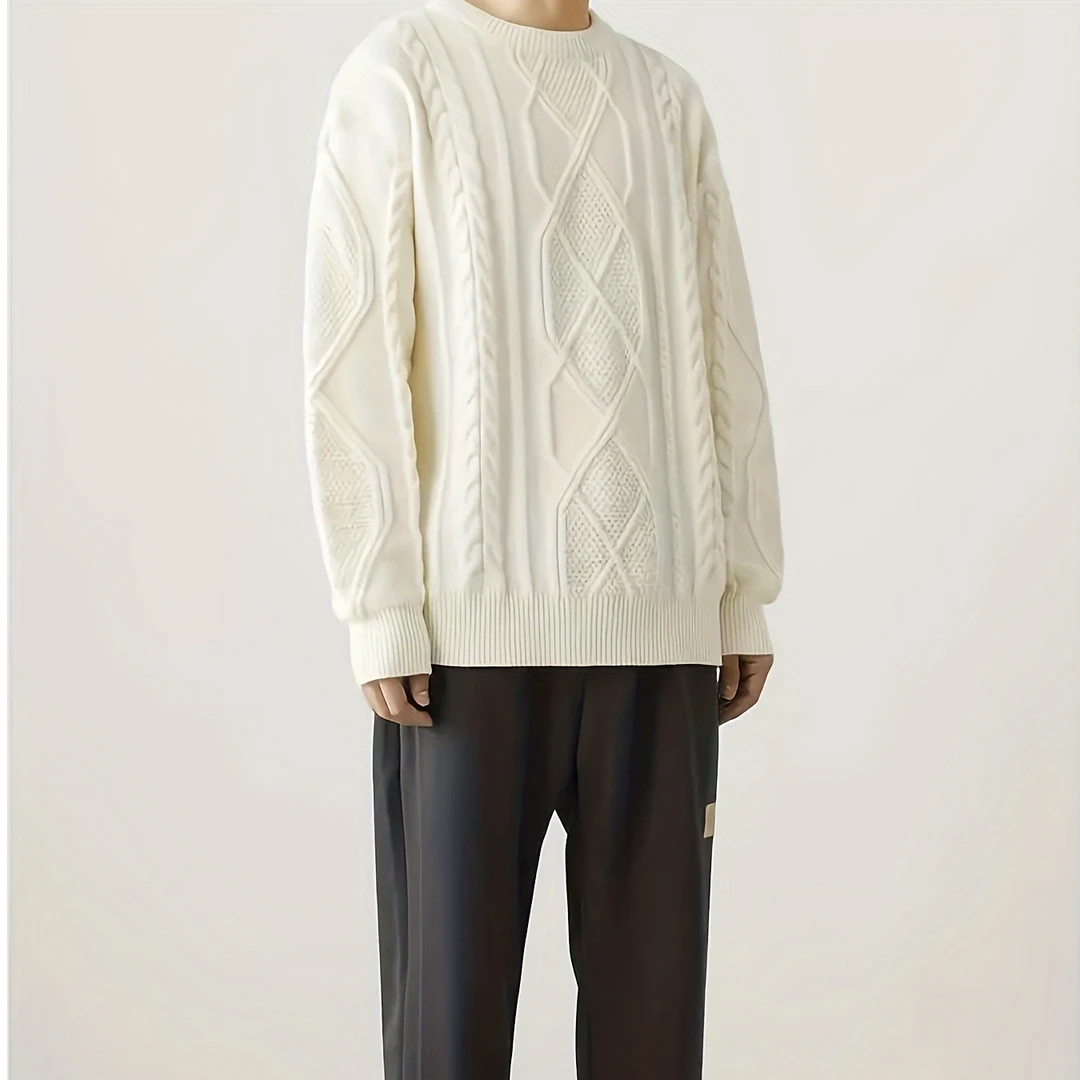 潮流复古菱格麻花圆领毛衣男潮牌宽松慵懒百搭针织衫上衣帅气